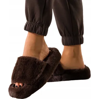 Dámská obuv PANTOFLE Dámské Čokoládové Pohodlné Domácí Obuv S Kožíškem Platforma vel. 38/39