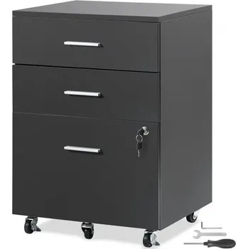 Kartotéka Kartotéka VEVOR, dřevěná kartotéka se 3 zásuvkami, uzamykatelná kancelářská skříň pro formát Letter/A4, kartotéka s 5 kolečky pro domácí kancelář, černá