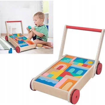 Dřevěná hračka DŘEVĚNÝ WÓZEK Z KLOCKAMI PRO DĚTI ODRÁŽEDLO CHODÍTKO STAVEBNICE DŘEVĚNÉ 50 KS