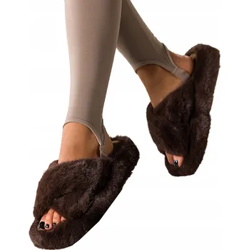 Dámské pantofle PANTOFLE Dámské Čokoládové Pohodlné Domácí S Kožíškem Pásky Přes Nárt Velikost 40/41