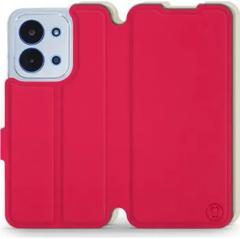 Pouzdro na mobilní telefon Flipové pouzdro Mobiwear Semiš - Xiaomi Poco C85 - Rudé & Béžové (Knížkové semišové flip pouzdro, obal, kryt na mobil Xiaomi Poco C85 - Rudé & Béžové, materiál semiš + TPU, ochrana 360°, stojánek, silikonová vanička, magnetické zavírání)