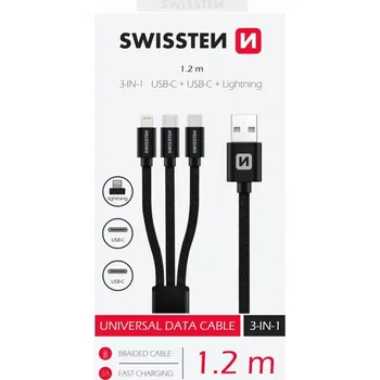 Datový kabel Datový kabel SWISSTEN 3v1 s konektorem 2x USB-C a Lightning, 1,2m (SWISSTEN DATOVÝ KABEL TEXTILE 3in1 1,2 M ČERNÝ (Lightning, 2x USB-C))