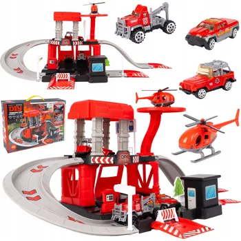 autíčko GARÁŽ PARKOVIŠTĚ HASIČSKÁ STANICE VÍCEPODLAŽNÍ ZÁKLADNA SADA 3 AUTA VRTULNÍK HASIČI