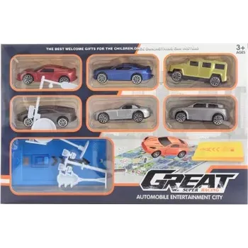 autíčko Sada vystřelovacích autíček se značkami a dráhou