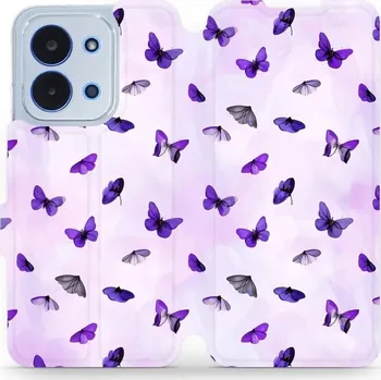 Pouzdro na mobilní telefon Flipové pouzdro Mobiwear - Xiaomi Poco C85 - VP76S Fialoví motýlci (Knížkové flip pouzdro, obal, kryt na mobil Xiaomi Poco C85 - VP76S Fialoví motýlci, materiál Umělá kůže + TPU - ochrana 360°, stojánek, silikonová vanička, magnetické zavírání)