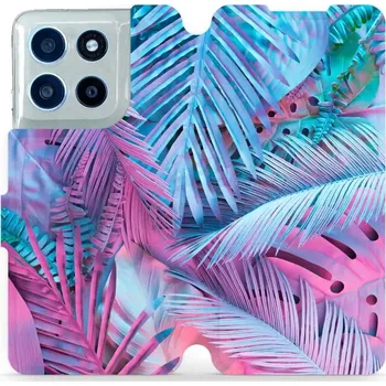 Pouzdro na mobilní telefon Flipové pouzdro Mobiwear - Motorola Moto G56 5G - MG10S Fialové a modré listy (Knížkové flip pouzdro, obal, kryt na mobil Motorola Moto G56 5G - MG10S Fialové a modré listy, materiál Umělá kůže + TPU - ochrana 360°, stojánek, silikonová vanička, magnetick