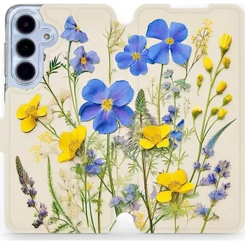 Pouzdro na mobilní telefon Flipové pouzdro Mobiwear - Samsung Galaxy S25 FE - VP41S Modré a žluté kvítky (Knížkové flip pouzdro, obal, kryt na mobil Samsung Galaxy S25 FE - VP41S Modré a žluté kvítky, materiál Umělá kůže + TPU - ochrana 360°, stojánek, silikonová vanička, magnetick