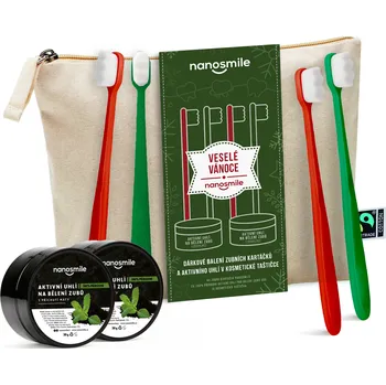 Kosmetická sada Nanosmile Dárkové balení zubních kartáčků a aktivního uhlí v kosmetické taštičce