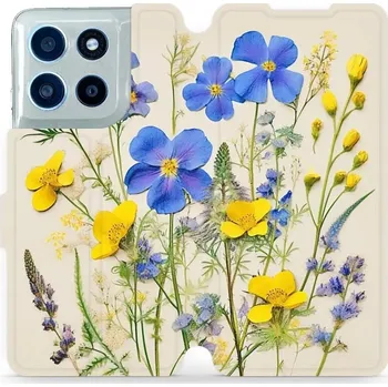 Pouzdro na mobilní telefon Flipové pouzdro Mobiwear - Motorola Moto G56 5G - VP41S Modré a žluté kvítky (Knížkové flip pouzdro, obal, kryt na mobil Motorola Moto G56 5G - VP41S Modré a žluté kvítky, materiál Umělá kůže + TPU - ochrana 360°, stojánek, silikonová vanička, magnetické)