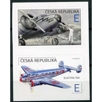 Poštovní známka Česká pošta (2019) Pof. 1042 - 1043 (sp 1) ** - Česká republika - Svět v oblacích "E" - letadlo Electra 10A firmy Baťa
