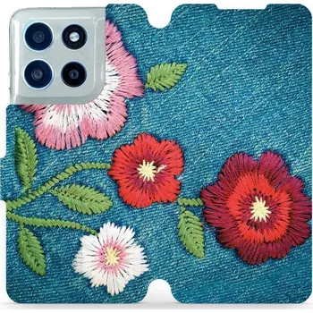 Pouzdro na mobilní telefon Flipové pouzdro Mobiwear - Motorola Moto G56 5G - MD05P Džínové květy (Knížkové flip pouzdro, obal, kryt na mobil Motorola Moto G56 5G - MD05P Džínové květy, materiál Umělá kůže + TPU - ochrana 360°, stojánek, silikonová vanička, magnetické zavírání)