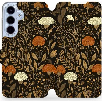 Pouzdro na mobilní telefon Flipové pouzdro Mobiwear - Samsung Galaxy S25 FE - V174S Béžová a oranžová kvítka (Knížkové flip pouzdro, obal, kryt na mobil Samsung Galaxy S25 FE - V174S Béžová a oranžová kvítka, materiál Umělá kůže + TPU - ochrana 360°, stojánek, silikonová vanička,)