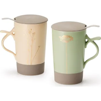 Nava - béžový porcelánový hrnek s nerez sítkem a pokličkou, 400 ml