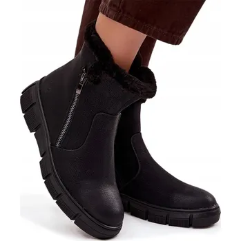 Dámská zimní obuv DÁMSKÉ SNĚHULE Z EKOKŮŽE NA PLATFORMĚ S KOŽÍŠKEM A ZIPY ČERNÉ VEL. 38