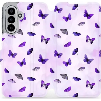 Pouzdro na mobilní telefon Flipové pouzdro Mobiwear - Samsung Galaxy A17 / A17 5G - VP76S Fialoví motýlci (Knížkové flip pouzdro, obal, kryt na mobil Samsung Galaxy A17 / A17 5G - VP76S Fialoví motýlci, materiál Umělá kůže + TPU - ochrana 360°, stojánek, silikonová vanička,)