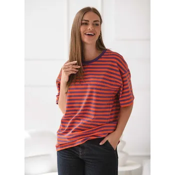 Těhotenské a kojicí tričko 3v1 Mamahood – fialovo-oranžové proužky, bavlna Velikost: XL