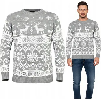 Podprsenka PÁNSKÝ VÁNOČNÍ SVETR ŠEDÝ NORSKÝ SOB SNĚHOVÉ VLOČKY TEPLÁ BÍLÁ R M