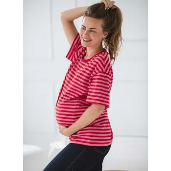 Těhotenské a kojicí tričko 3v1 Mamahood – červeno-růžové proužky, bavlna Velikost: L