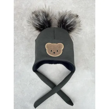 Čepice čepice ušanka vafle Little Bear khaki dvě bambule Obvod hlavy: 50/52