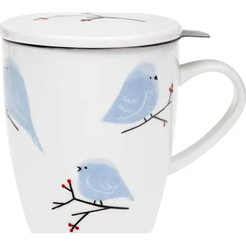 Porcelánový hrnek s nerez. sítkem a pokličkou - Ptáčci, 350 ml