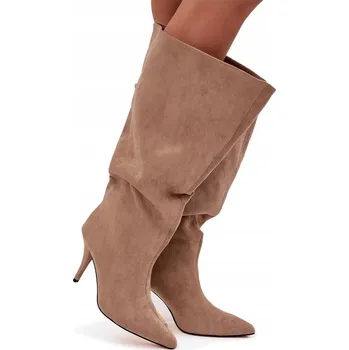 Dámské kozačky Dámské kozačky z eko semiše na jehlovém podpatku nazouvací béžové, s nařasením, velikost 38