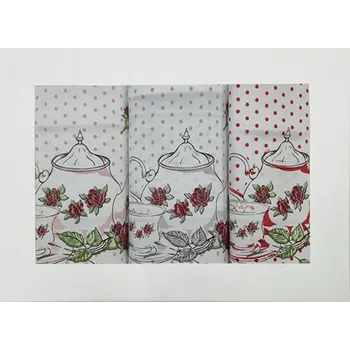 Utěrka 3 dílná sada kuchyňských bavlněných utěrek - Čajový servis růže