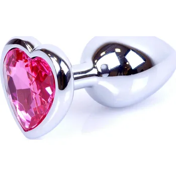 Anální šperk Boss Series Jewellery Silver Heart Plug Pink - stříbrný anální kolík s drahokamem ve tvaru srdce 7 x 2,7 cm