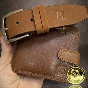 Peněženka Kožený set EXCLUSIVE RFID hnědý – peněženka + pásek s vlastním monogramem Vyberte variantu: 110 (pro obvod pasu 105-115cm) + Akce - zlatá mince Pro štěstí ZDARMA