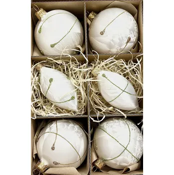 Vánoční ozdoba Irisa Sada vánočních ozdob Bílá perla – koule a olivy se zlatou a zelenou linkou (7 cm) Velikost: 7 cm, Balení: 6 ks, Barva: bílá