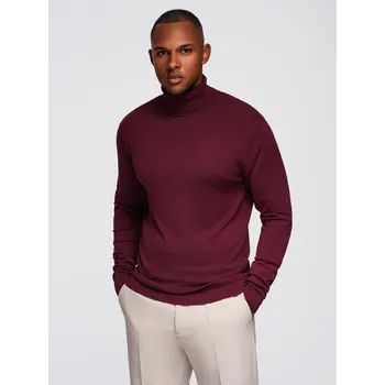 Pánský svetr Pánský jednobarevný pletený rolák s viskózou - bordó V4 OM-SWTN-0101 - XL