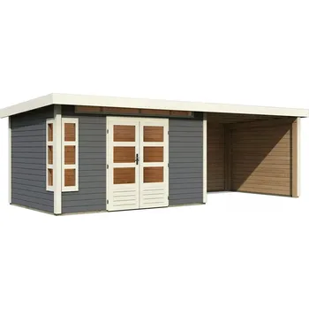Zahradní domek KARIBU HOLZTECHNIK dřevěný domek KARIBU KASTORF 7 + přístavek 320 cm včetně zadní a boční stěny (31561) terragrau LG3598
