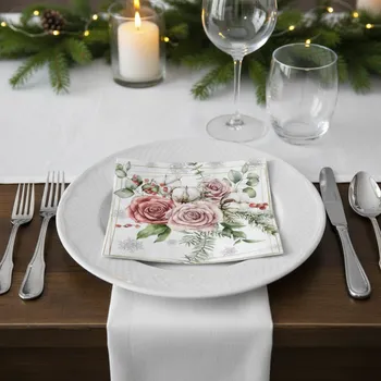 Papírový ubrousek Dekorativní papírový ubrousek ZIMNÍ RŮŽE 33x33 cm balení 20 ks Balení: 20 ubrousků