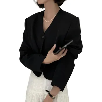 Dámské sako Dámské jednobarevné sako s kapsami a výstřihem do V Elegantní univerzální sako na knoflíky z polyesteru mikrovlákna a acetátu v různých barvách černá