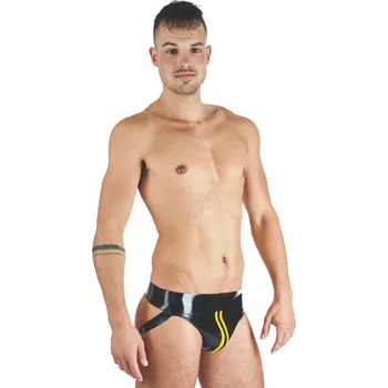 Pánské erotické prádlo Gumové jocksy Mister B Rubber Jock Strap černo-žluté L, pánské latexové jocksy