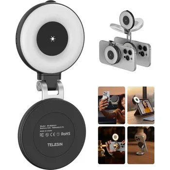 Telesin Magsafe regulovatelné LED světlo na telefon s velkým vnitřním zrcátkem - Černé