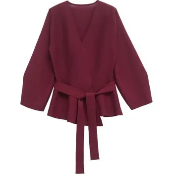 Dámské sako Dámské elegantní sako s páskem na zavázání Jednobarevné sako s výstřihem do V z polyesteru Stylový kabátek v různých barvách pro každou příležitost červená M
