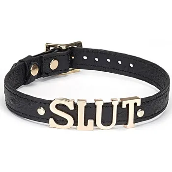 BDSM obojek Liebe Seele Demons Kiss Black Leather Choker, kožený choker s písmeny slut