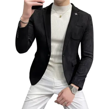 Pánské sako z polyesteru a spandexu Elegantní jednobarevné sako pro muže s kapsami a kapsičkou na prsou Stylové pružné sako s knoflíkem černá L