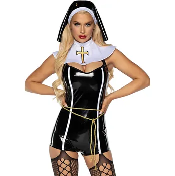 Dámský erotický kostým Leg Avenue Vinyl Sinful Sister Romper, kostým sexy jeptišky L