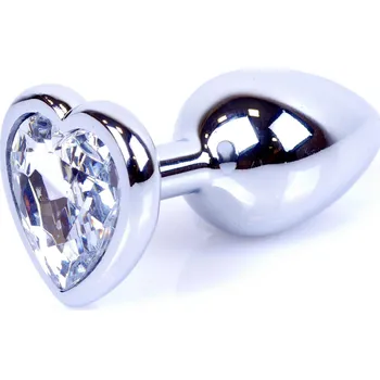 Anální šperk Boss Series Jewellery Silver Heart Plug Clear - stříbrný anální kolík s drahokamem ve tvaru srdce 7 x 2,7 cm