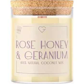 Svíčka Svíčka rose honey & geraniums dřevěným praskajícím knotem - růžový med a geranium, 160 g
