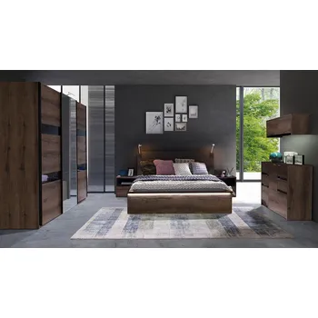 Ložnicová sestava Ložnicová sestava s LED osvětlením a postelí 160x200 PEORIA 6 - dub monastery / lesklá černá