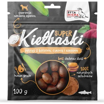 Pamlsek pro psa Klobásky pro psy se pstruhem, batáty, cuketou a kokosem - Syta micha, 100 g
