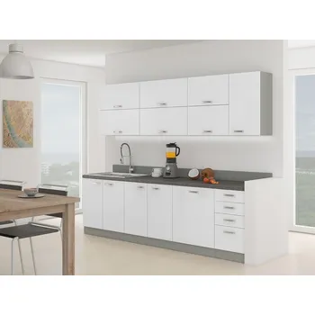 Kuchyňská pracovní deska Kuchyňská linka 260/260 cm GENJI 4 - lesklá bílá / šedá + pracovní deska, dřez a příborník ZDARMA