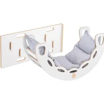 Dětská skříň PLUSH NEST Dřevěné houpátko Mini 4v1 se stěnou na lezení, skluzavkou a polštářem (světle šedé / bílé)