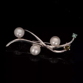 Brož Stříbrná brož s perlou, smaragdem a turmalínem Ag 3,6 g