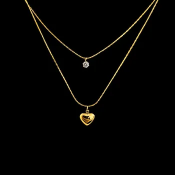 Náhrdelník Jemný a moderní dvojitý náhrdelník z pozlacené oceli se srdcem a zirkonem č. 1847