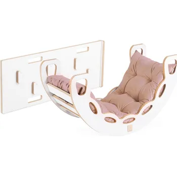 Dětský pokoj PLUSH NEST Dřevěné houpátko Mini 4v1 s lezeckou stěnou a skluzavkou a polštářem (béžový/zlatý samet), bílé dřevo