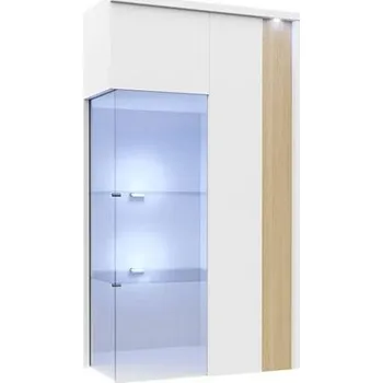 Policová skříň Závěsná vitrína s LED osvětlením BANTRY 3 - bílá / lesklá bílá / přírodní dýha, pravá