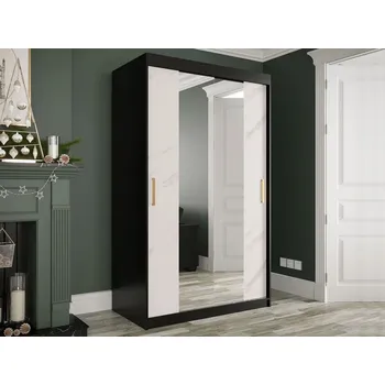 Šatní skříň Úzká šatní skříň 120 cm se zrcadlem a šuplíky CARSON 3 - bílý mramor / černá / zlatá